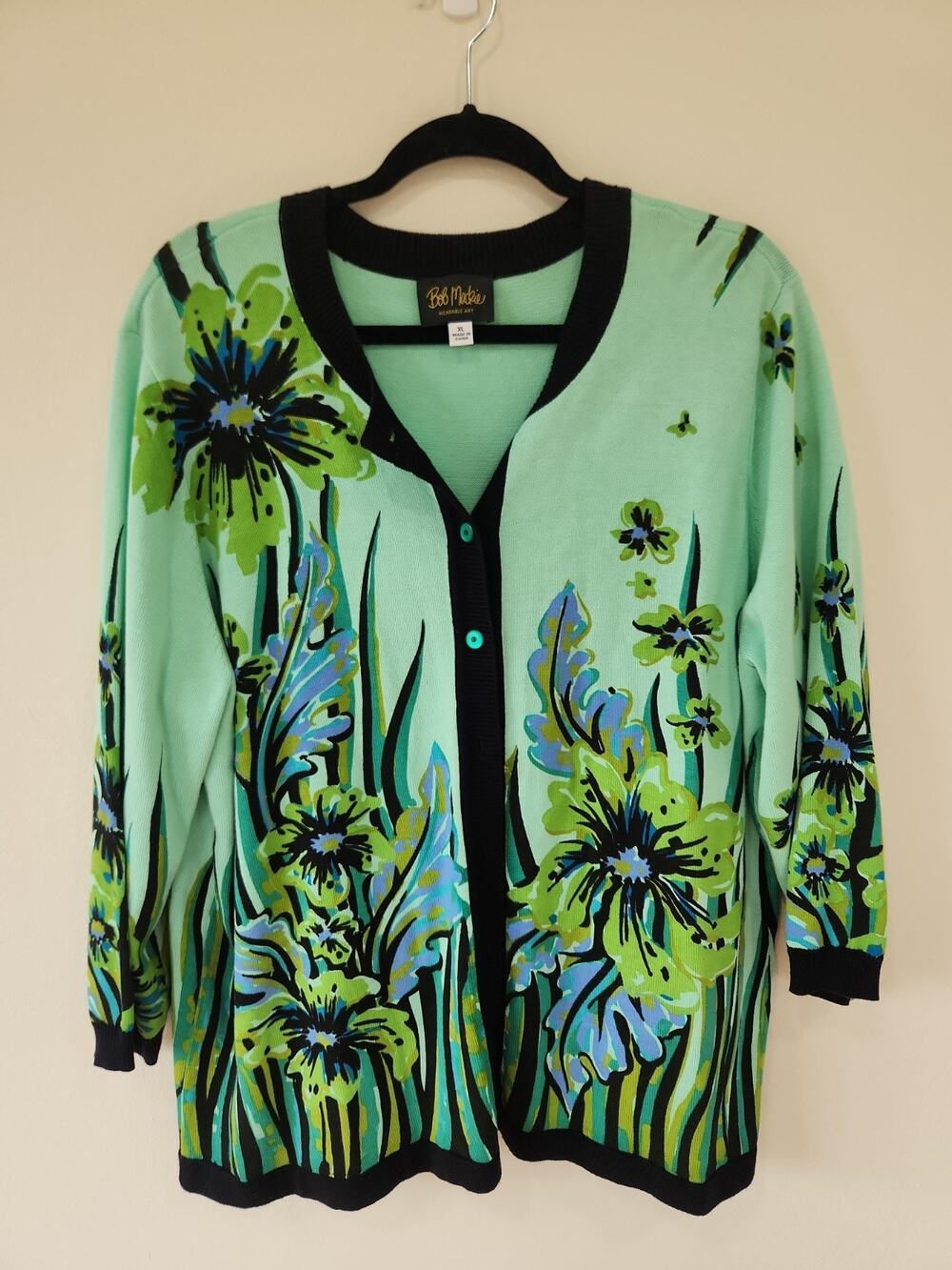 Bob Mackie Wearable Art Green Floral Button Front Cardigan Sweater XL Artsy